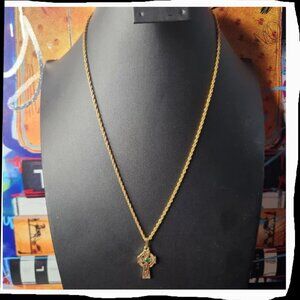 Vintage Celtic Cross necklace goldtone with green Gem in center